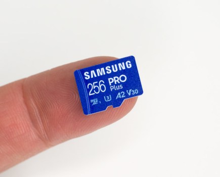 Samsung PRO Plus MicroSD card on finger