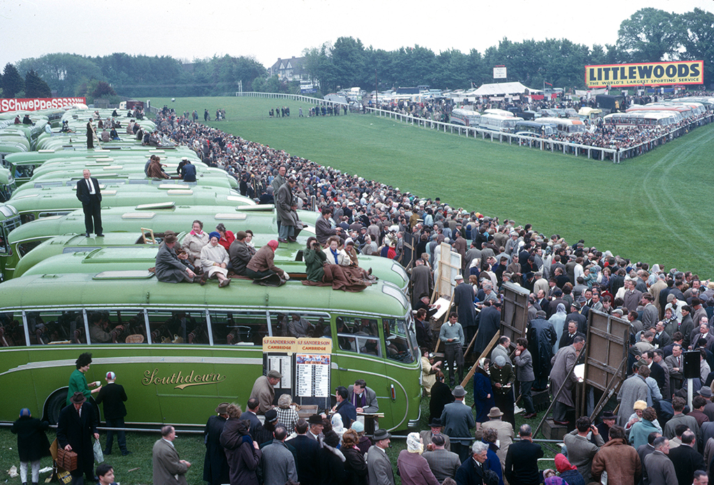 Punters on the roofs of coaches at the Epsom Derby, 1965