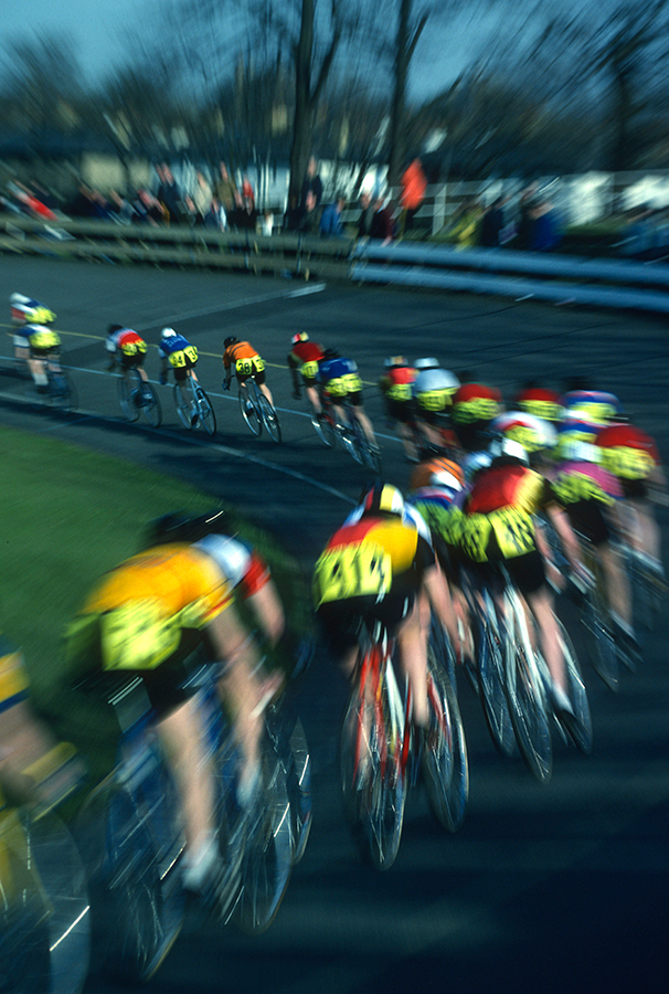 Herne Hill, London, April 1980. An abstract shot of cyclists heading round a bend gerry cranham