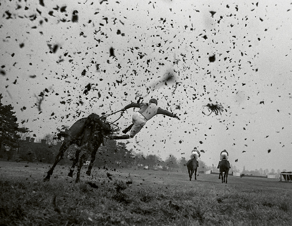 Jockey Terry Biddlecombe being flung from his mount at Sandown Park racecourse, 1971 gerry cranham