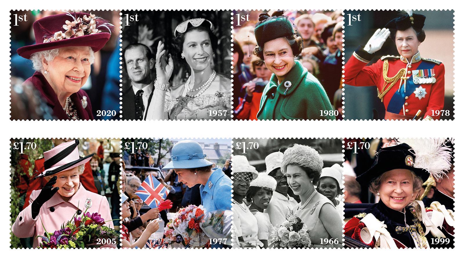 The 2022 GB stamps to mark the 70th anniversary of the Queen's accession to the throne. Image: Royal Mail