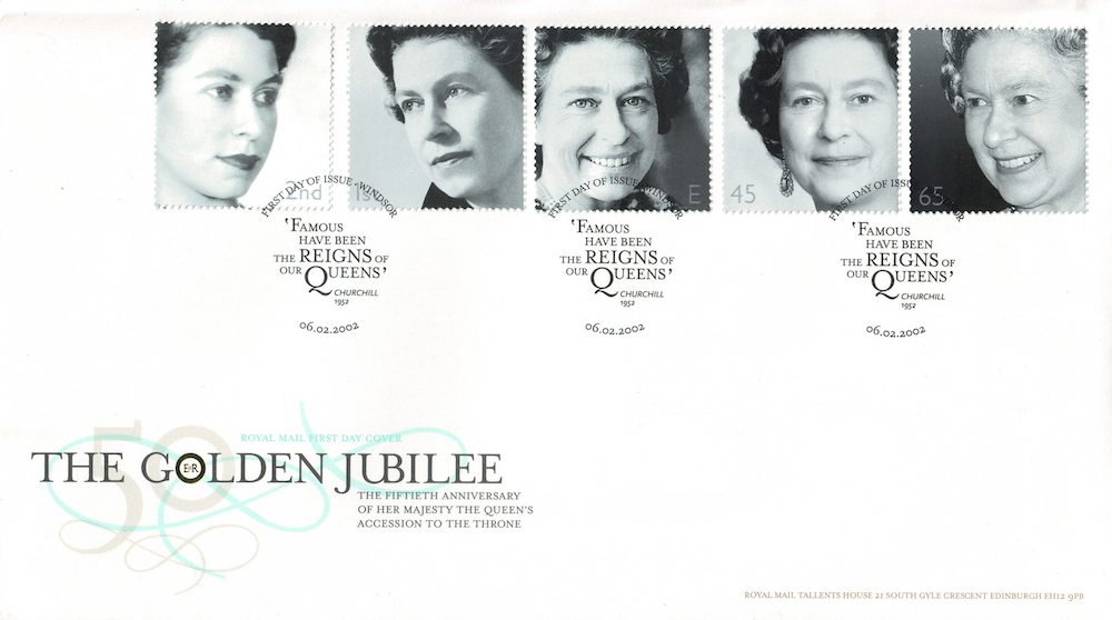 A 2002 GB first day cover showing the five black and white images - by Dorothy Wilding (2nd), Cecil Beaton (1st), Lord Snowdon (E), Yousef Karsh (45p) and Tim Graham (65p) - to mark the Queen's 50th anniversary of accession. Image: Royal Mail 