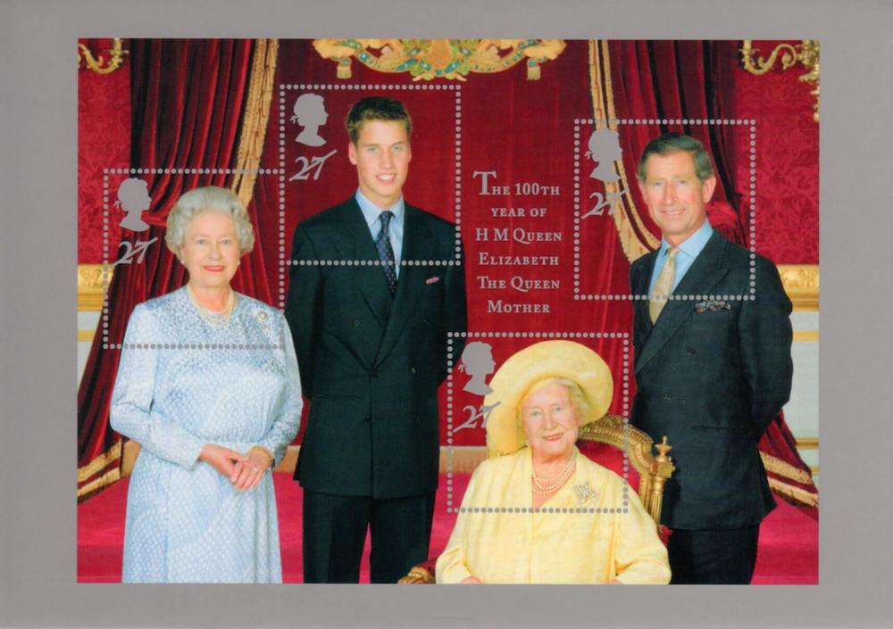 The GB miniature sheet from 2000, to mark the Queen Mother's 100th birthday, was designed from a John Swannell photograph. Image: John Swannell/Royal Mail 