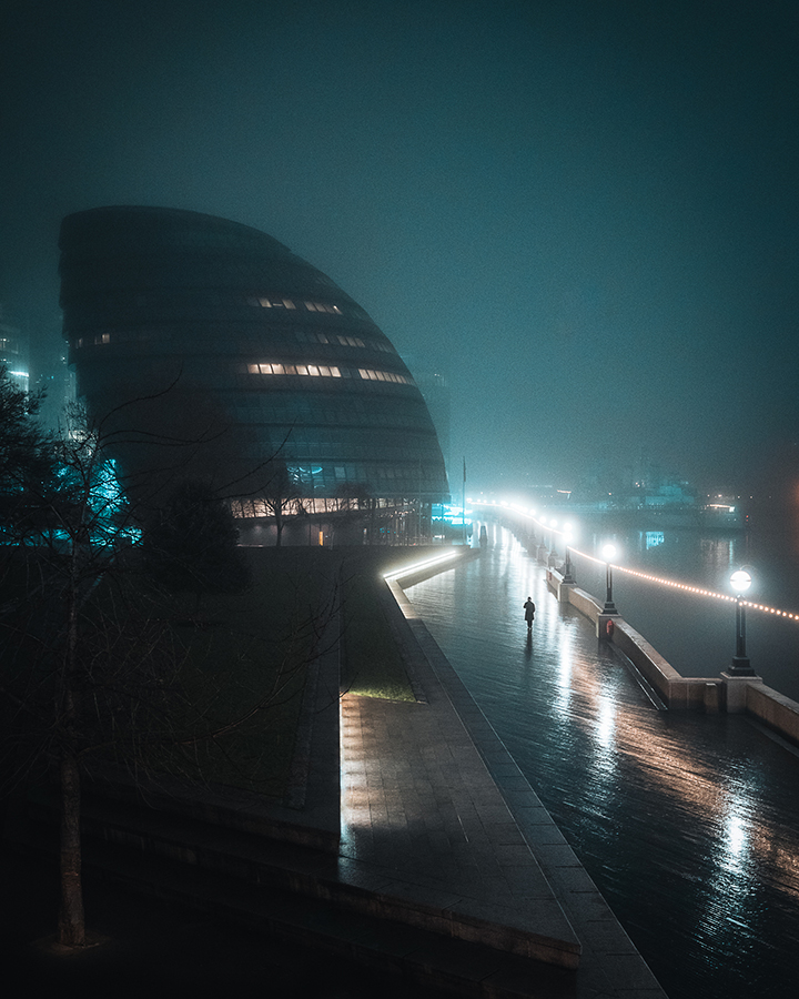 low light foggy london urban scene