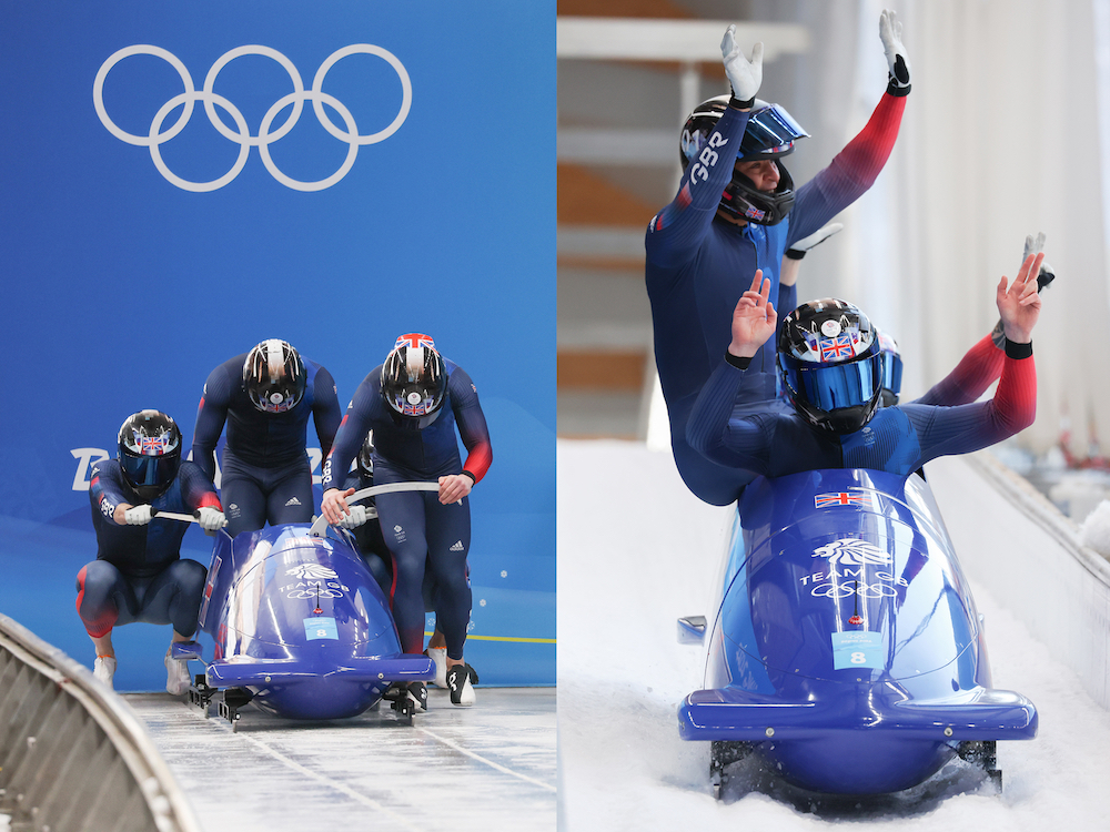 Team Hall for Team GB during the Men’s 4-man Bobsleigh Heat 4 at the Beijing 2022 Winter Olympic Games on 20 February 2022 at the Yanqing Sliding Centre in Yanqing, China. Featuring Brad Hall, Nick Gleeson, Greg Cackett and Taylor Lawrence. Photo by Sam Mellish/Team GB
