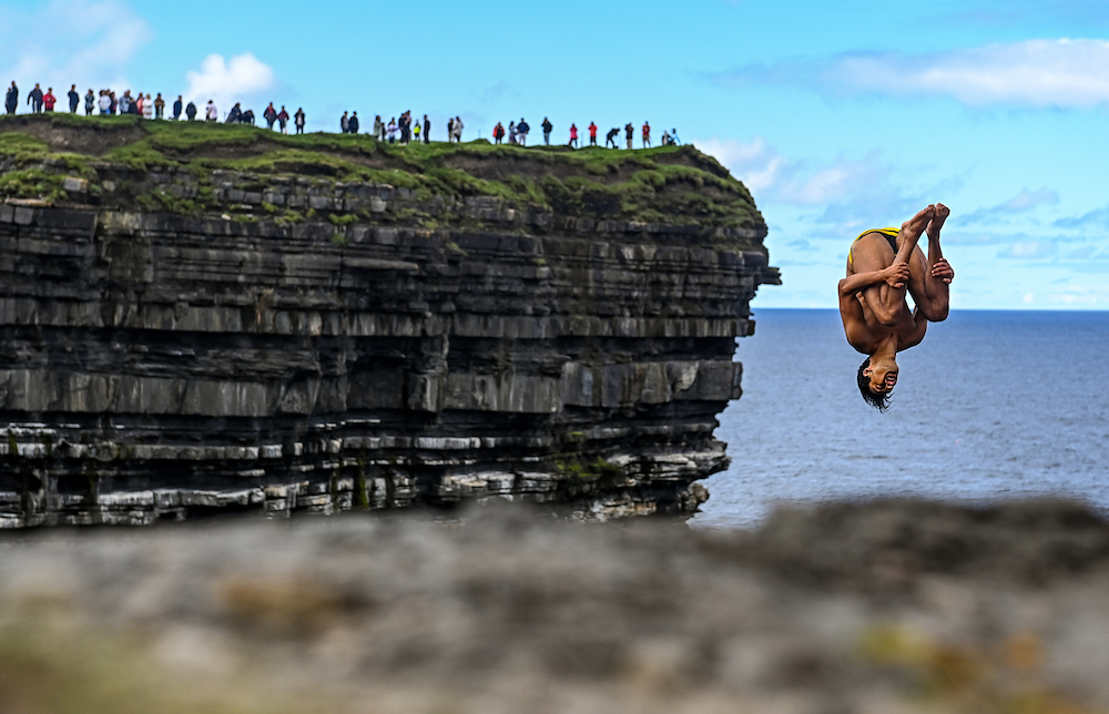 12 September 2021: Sergio Guzman of Mexico during round four of the Red Bull Cliff Diving World Series at Downpatrick Head in Mayo, Ireland. © Ramsey Cardy (Sportsfile)/SJA Sports Journalism Awards
