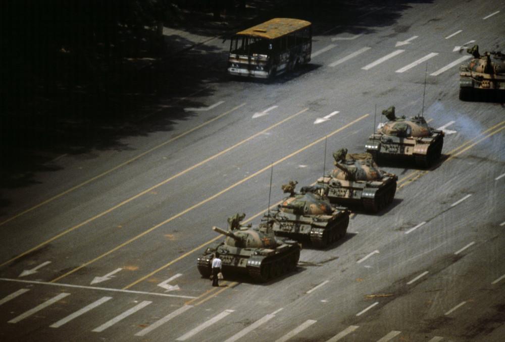 'The Tank Man' stopping the column of T59 tanks. Tiananmen Square, Beijing, China, 4 June 1989. © Stuart Franklin/Magnum Photos