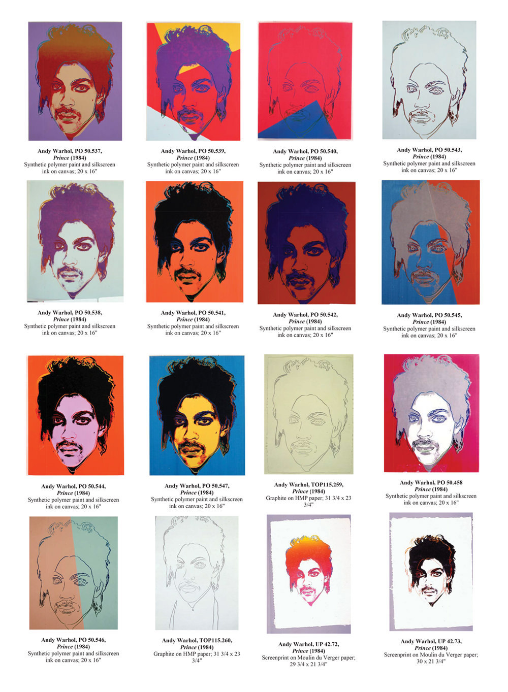 The 16 artworks created by Andy Warhol based on a 1981 Lynn Goldsmith photograph of Prince