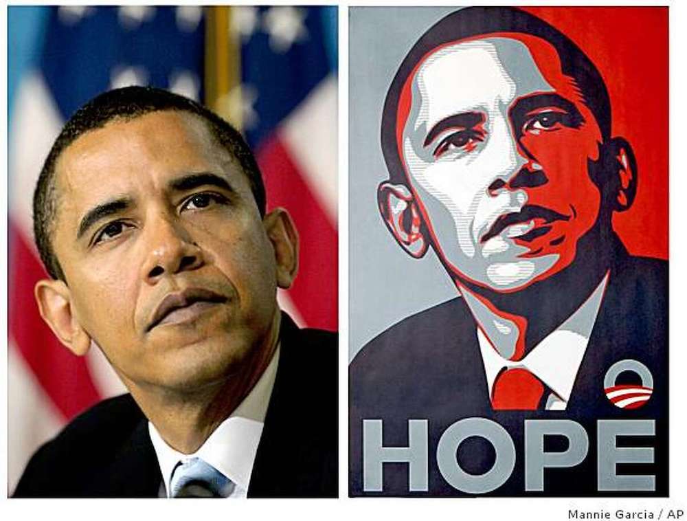 The Mannie Garcia photograph, left, shown alongside the Barack Obama HOPE poster by Shepard Fairey