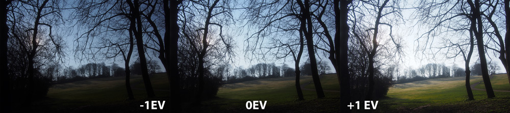 Exposure examples, from -1EV (under-exposed) to +1EV (over-exposed)
