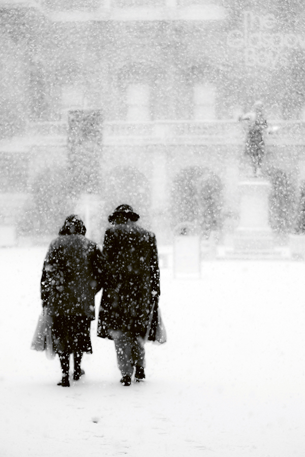 snowing black and white scene