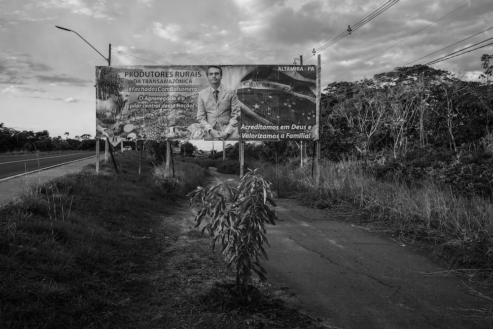 A billboard with a message of support to President Bolsonaro stands alongside the Trans-Amazonian Highway, Altamira, Pará, Brazil, on 20 July 2020. It was financed by local farmers. Agribusiness is one of the president’s main pillars of political support