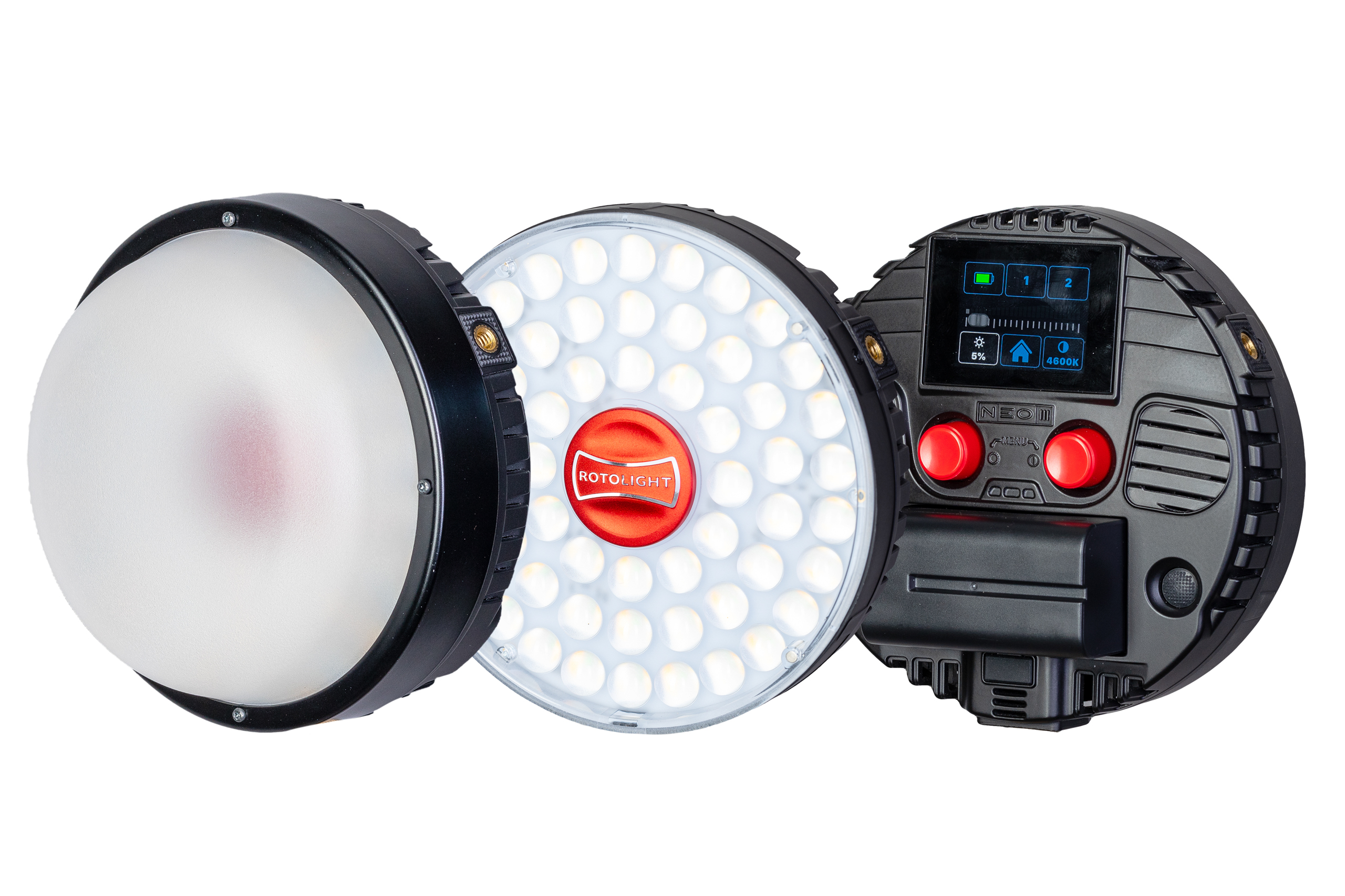 Rotolight Neo 3 with dome in place, showing LEDs and rear panel with touchscreen and NP series battery in place.