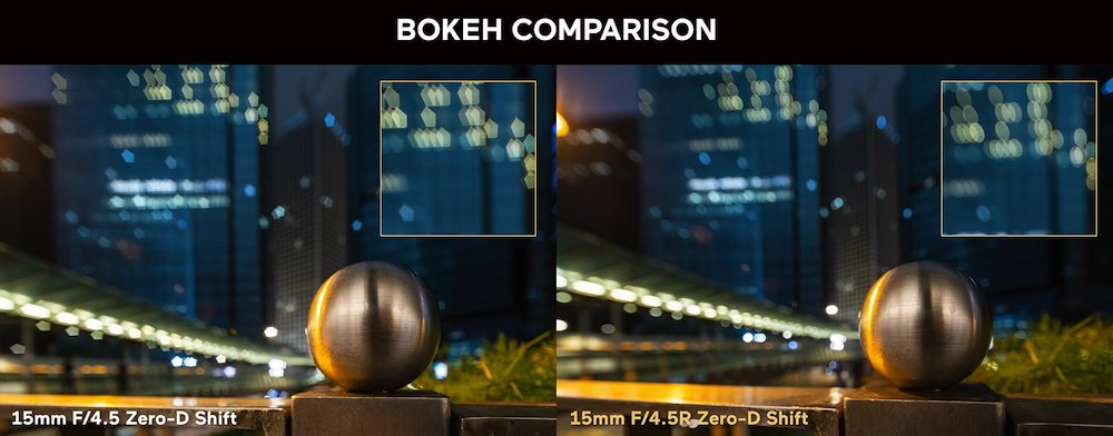 A bokeh comparison between the original blue ring lens, left, and the new 14-blade red ring lens, right