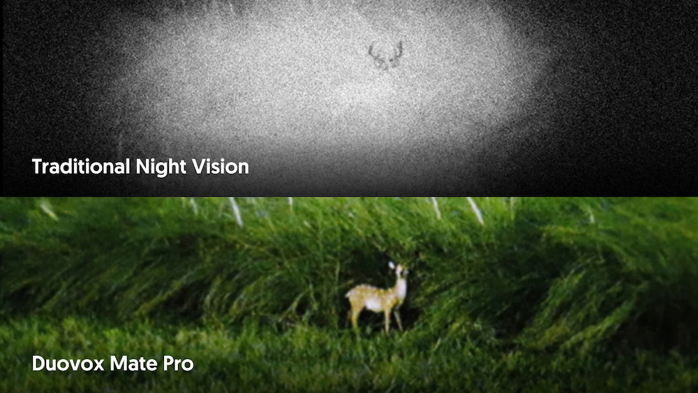A comparative image of traditional black and white night vision, top, versus the colour Duovox Mate Pro, below