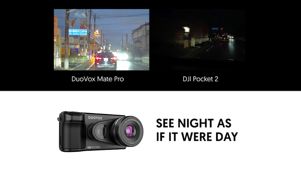 A comparison of a night street scene as shot by the Duovox Mate Pro, left, and the DJI Pocket 2, right