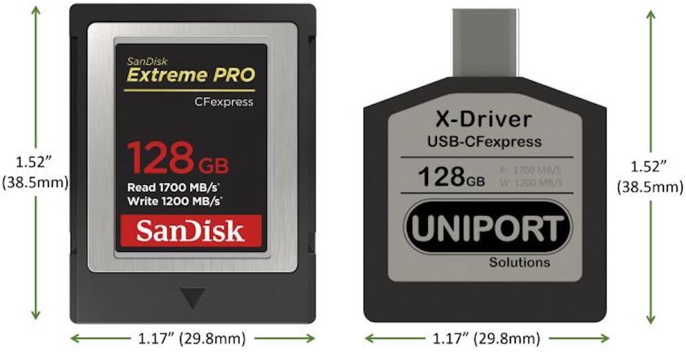A side-by-side comparison of a conventional Type B CFexpress card, left, with the X-Driver card/connector, right