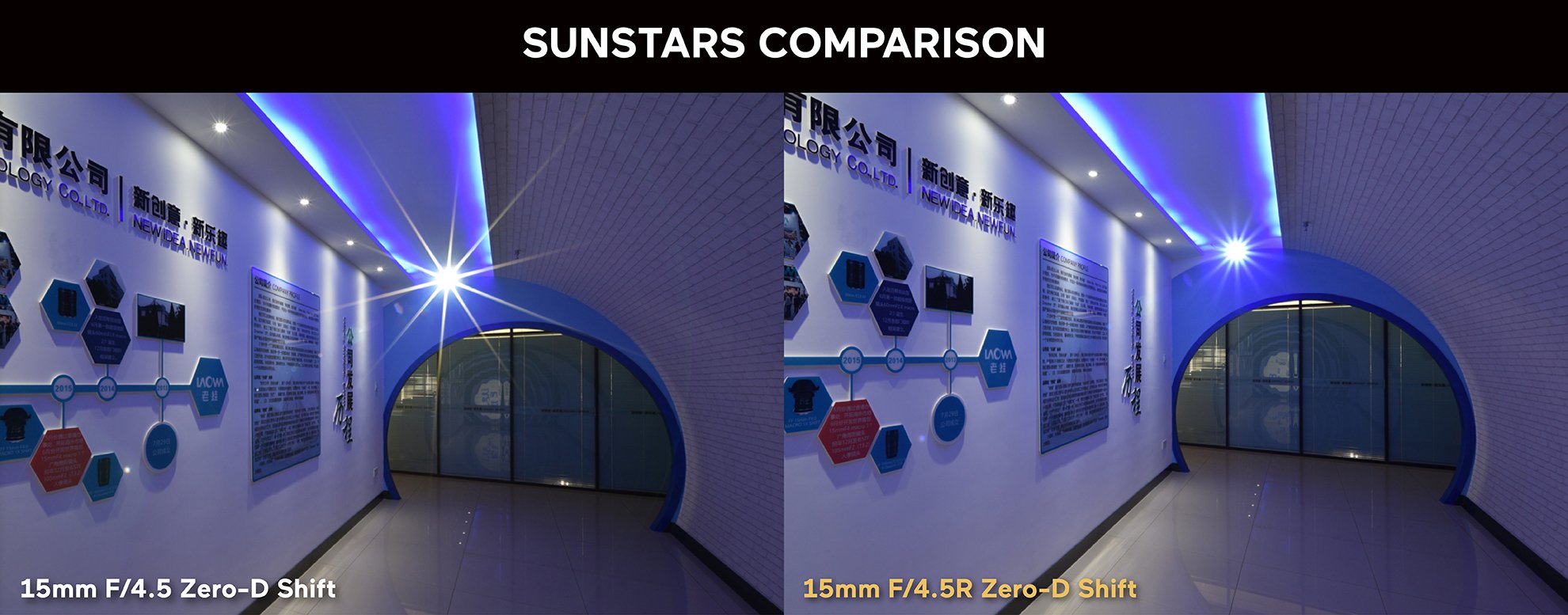 A sunstars comparison between the original blue ring lens, left, and the new 14-blade red ring lens, right