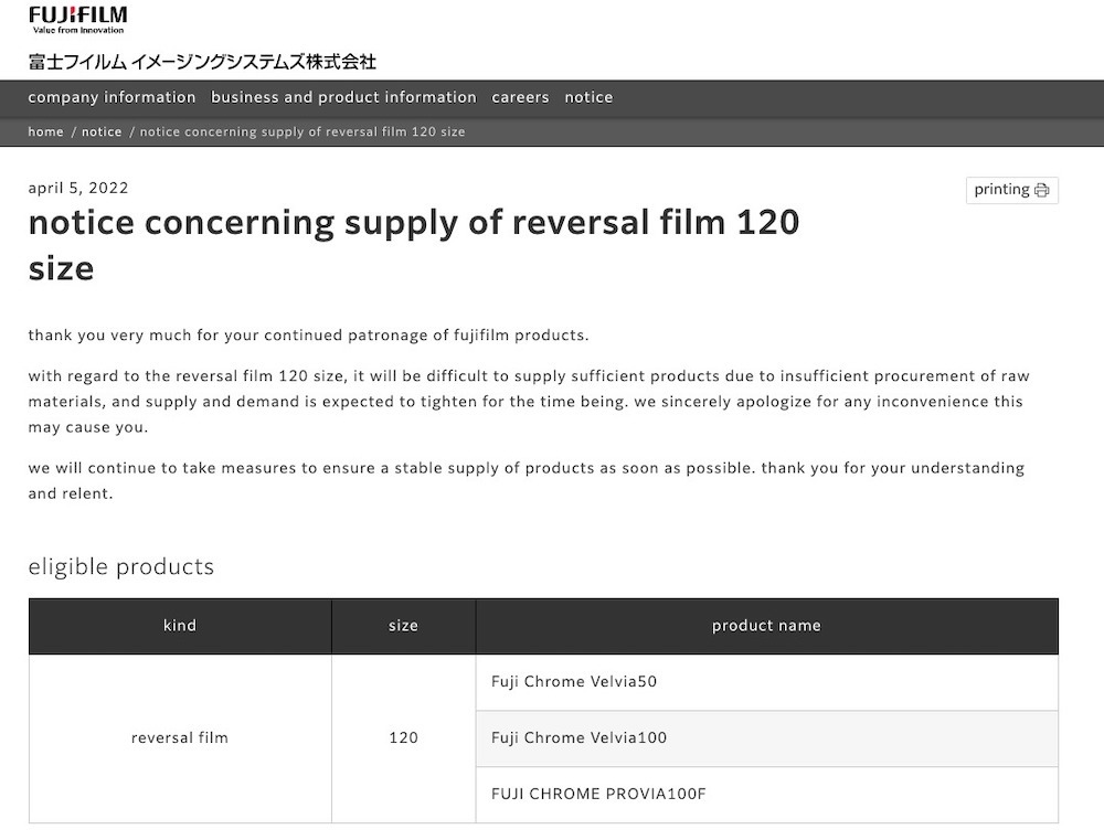 Fujifilm's official online announcement regarding the short supply of Velvia and Provia slide films