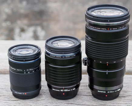 The 40-150mm f/4 is only fractionally larger than its entry-level f/4-5.6 stablemate (left), and much smaller than the f/2.8 version (right)