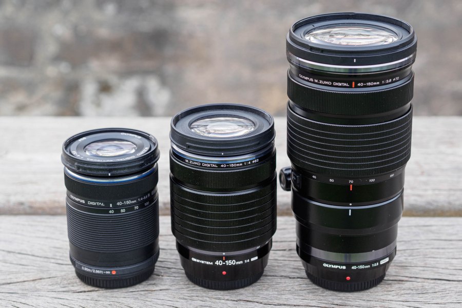 The 40-150mm f/4 is only fractionally larger than its entry-level f/4-5.6 stablemate (left), and much smaller than the f/2.8 version (right)