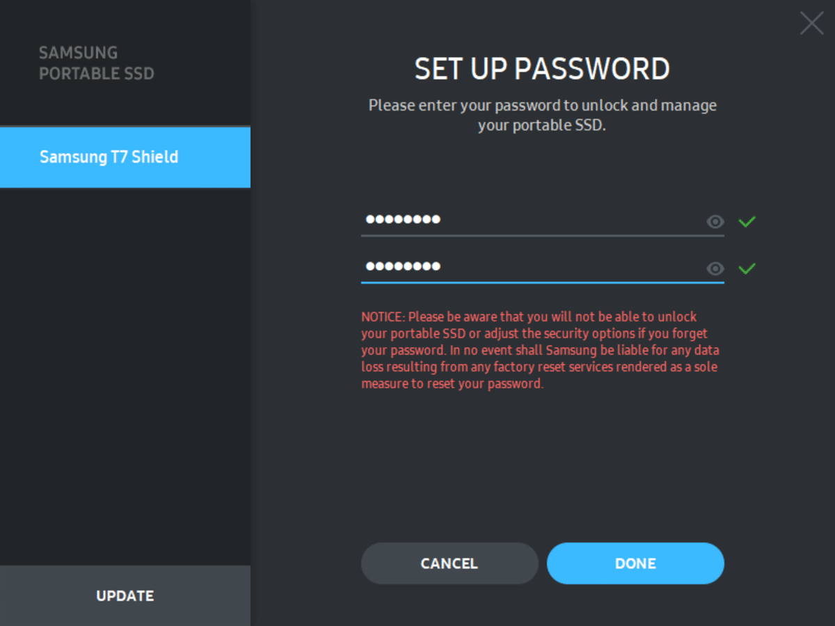 Sansung T7 Shield password set