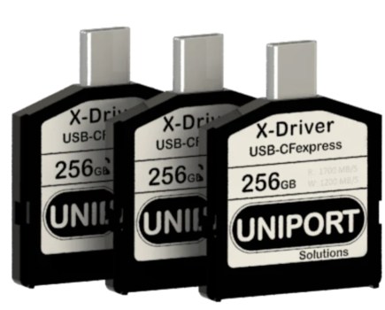 The 256GB version of Uniport Solutions' X-Driver CFexpress card with built-in USB-C connector