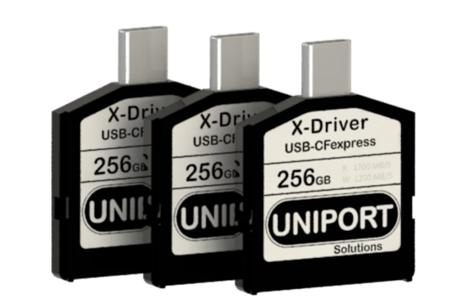 The 256GB version of Uniport Solutions' X-Driver CFexpress card with built-in USB-C connector