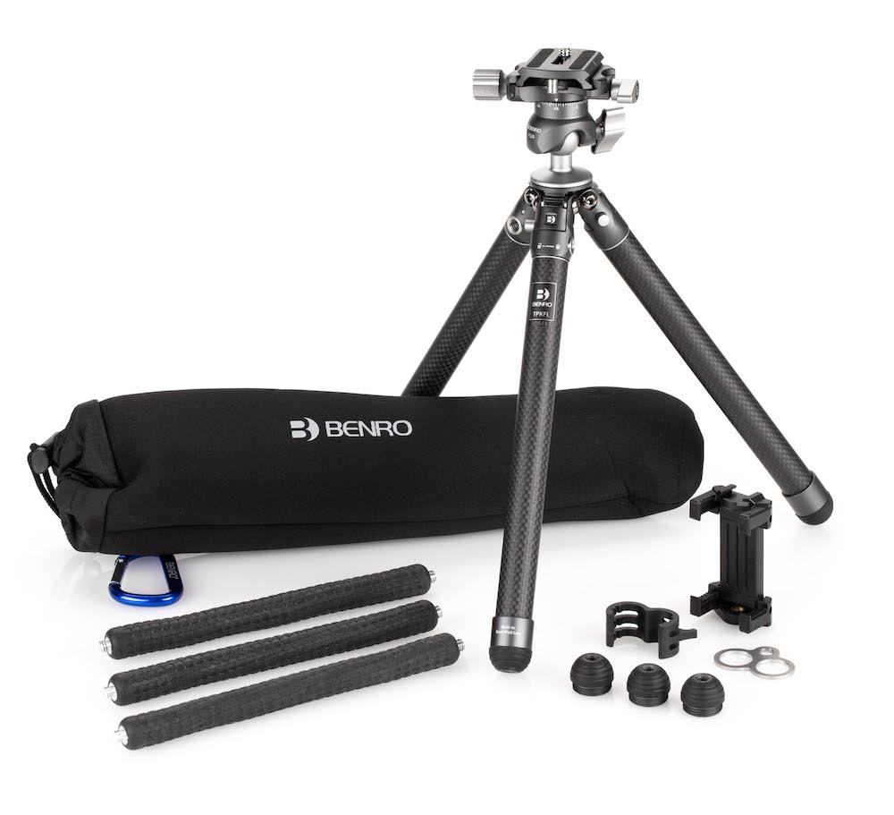 The Benro TablePod Flex kit with legs, feet, a phone holder, a case and a locking ring