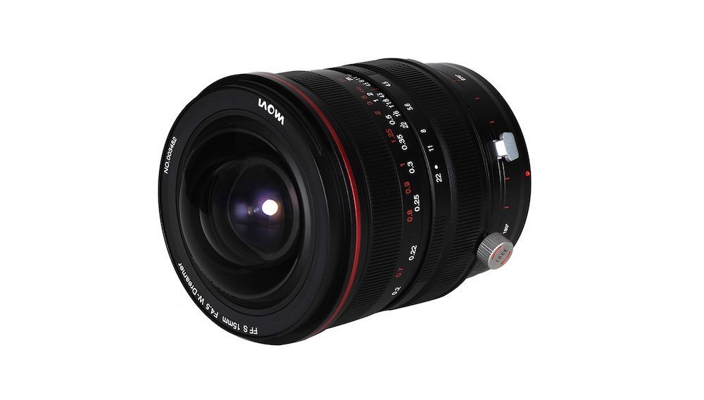 The Laowa 15mm f/4.5R Zero-D Shift lens shown in Canon EF mount