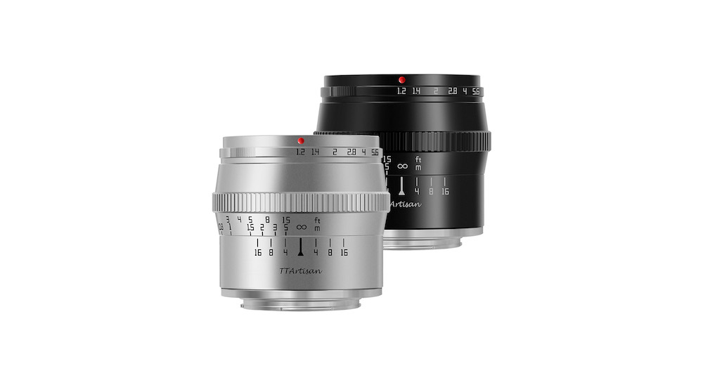The TTArtisan 50mm f/1.2 lens shown in its silver and black versions