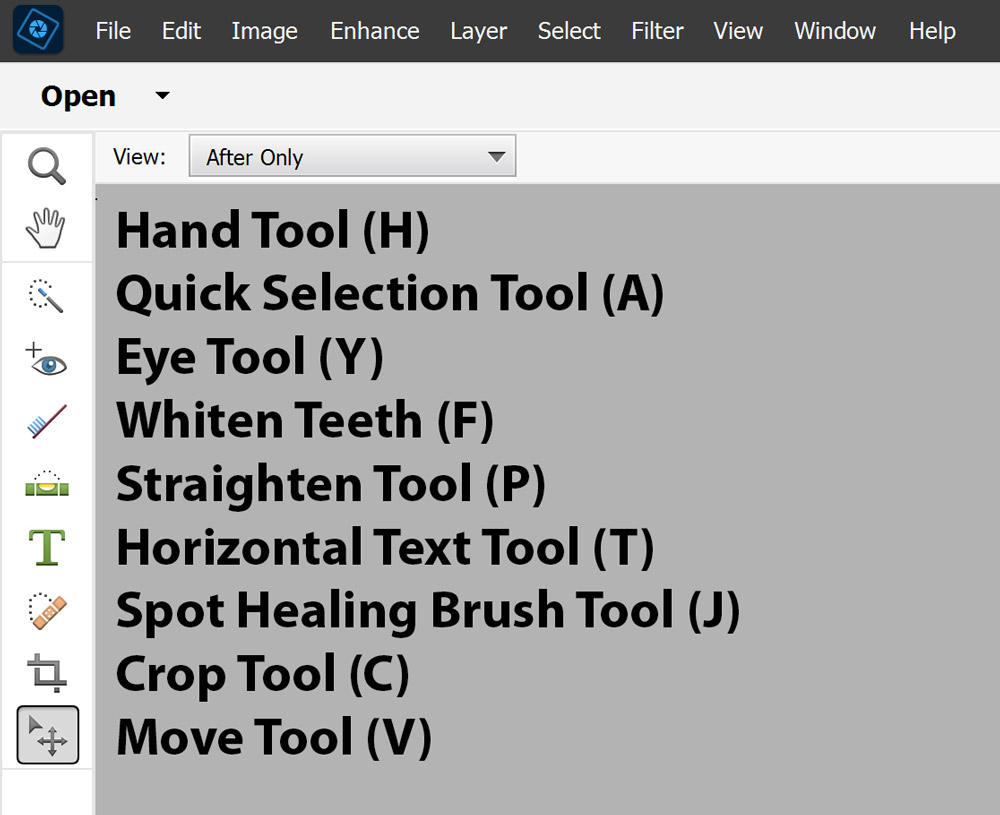 Adobe Photoshop Elements - Quick Tools - and keyboard shortcuts