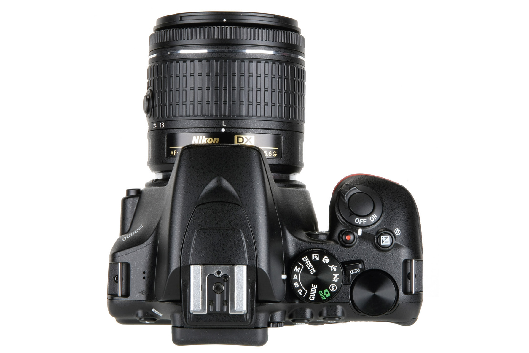 Nikon D3500 from the top, with lens