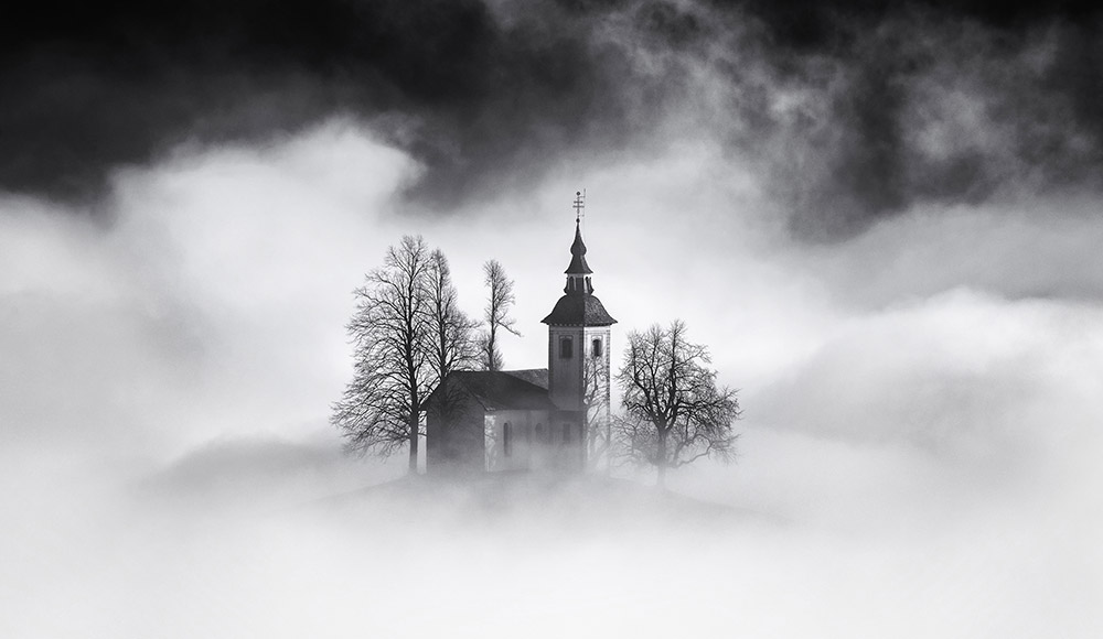 misty landscape scene apoy black & white