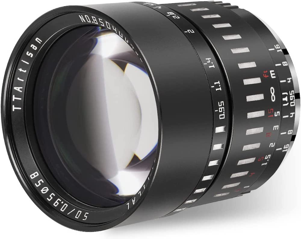An angled view of TTArtisan 50mm-F0.95 lens shows its distinctive barrel markings