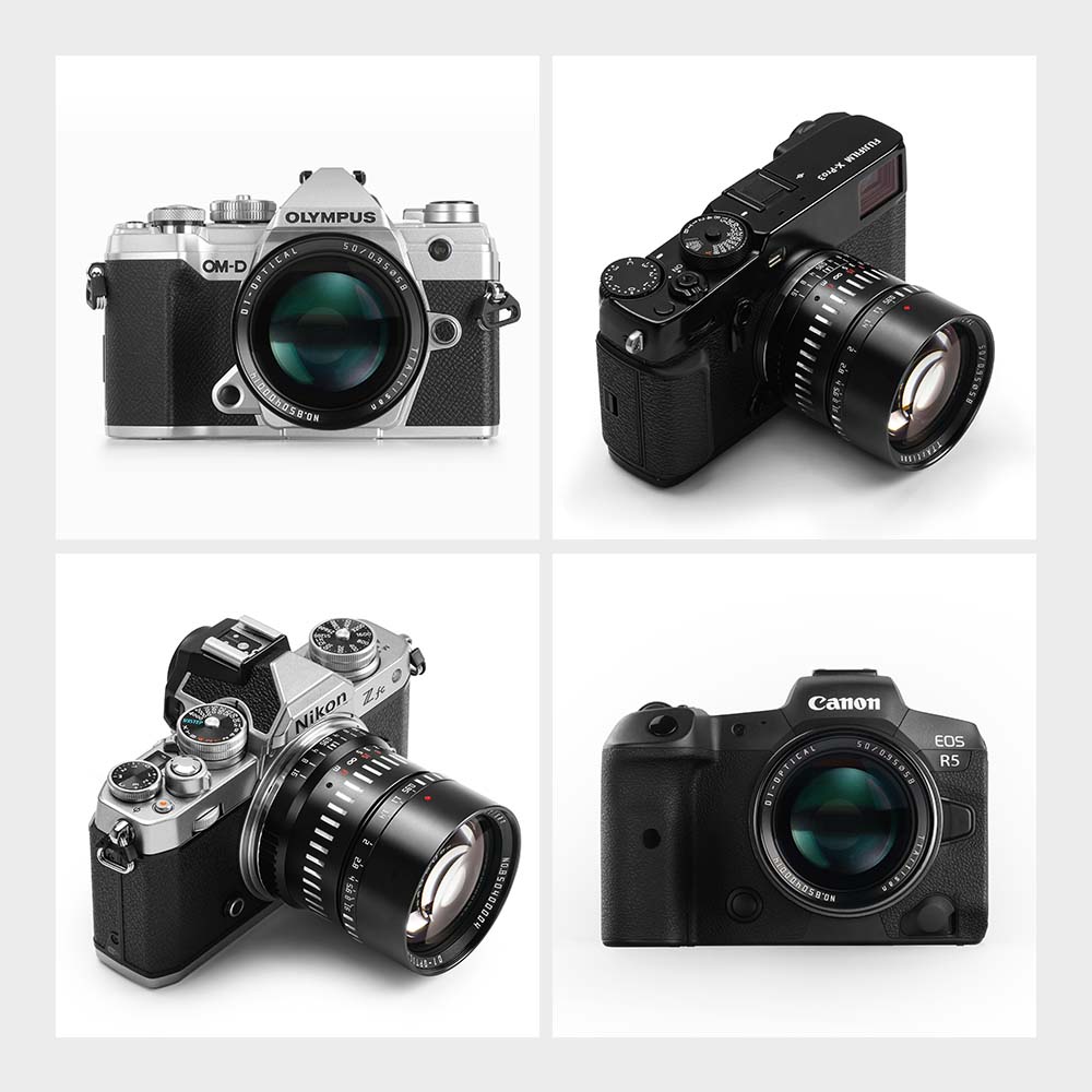 The TTArtisan 50mm F0.95 lens shown on various APS-C cameras