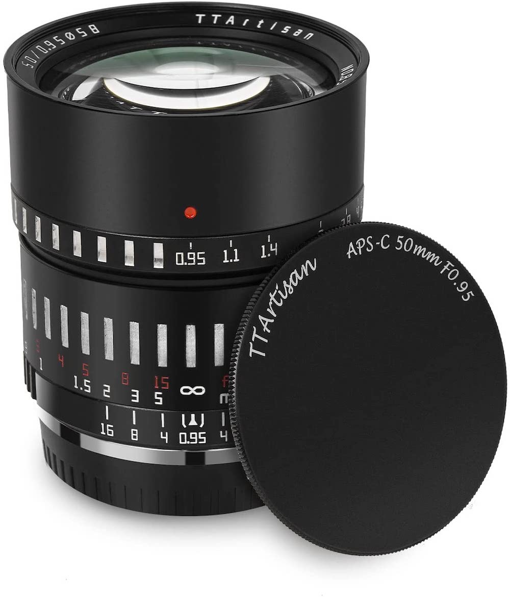 The TTArtisan 50mm F0.95 lens with its metal, screw-in lens cap