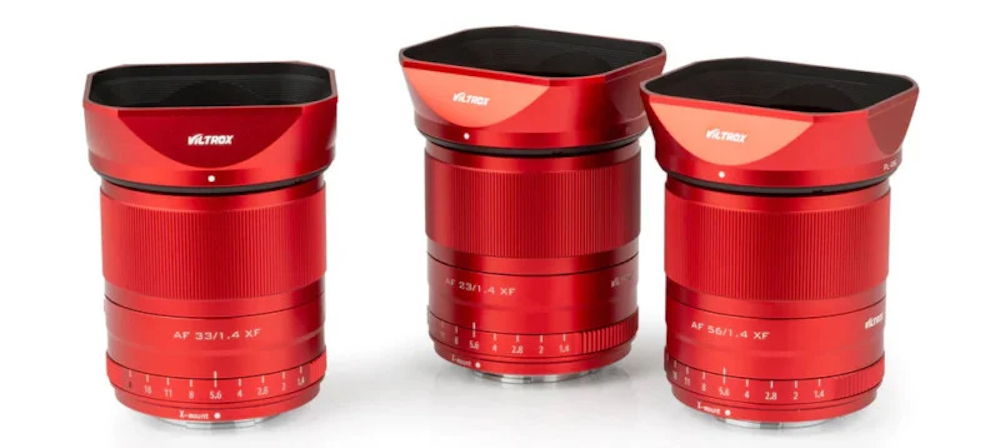 The red versions of the Viltrox 23mm, 33mm and 56mm F1.4 Fujifilm X-mount lenses