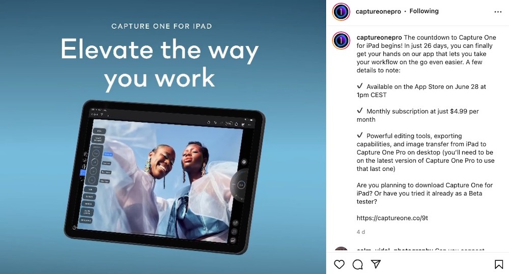 A screen shot showing how Capture One announced its iPad app on Instagram