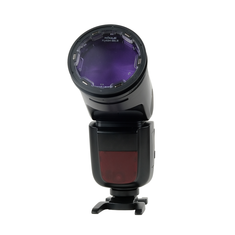 A Godox v1 flash with Gel lens and French Lavender Gel