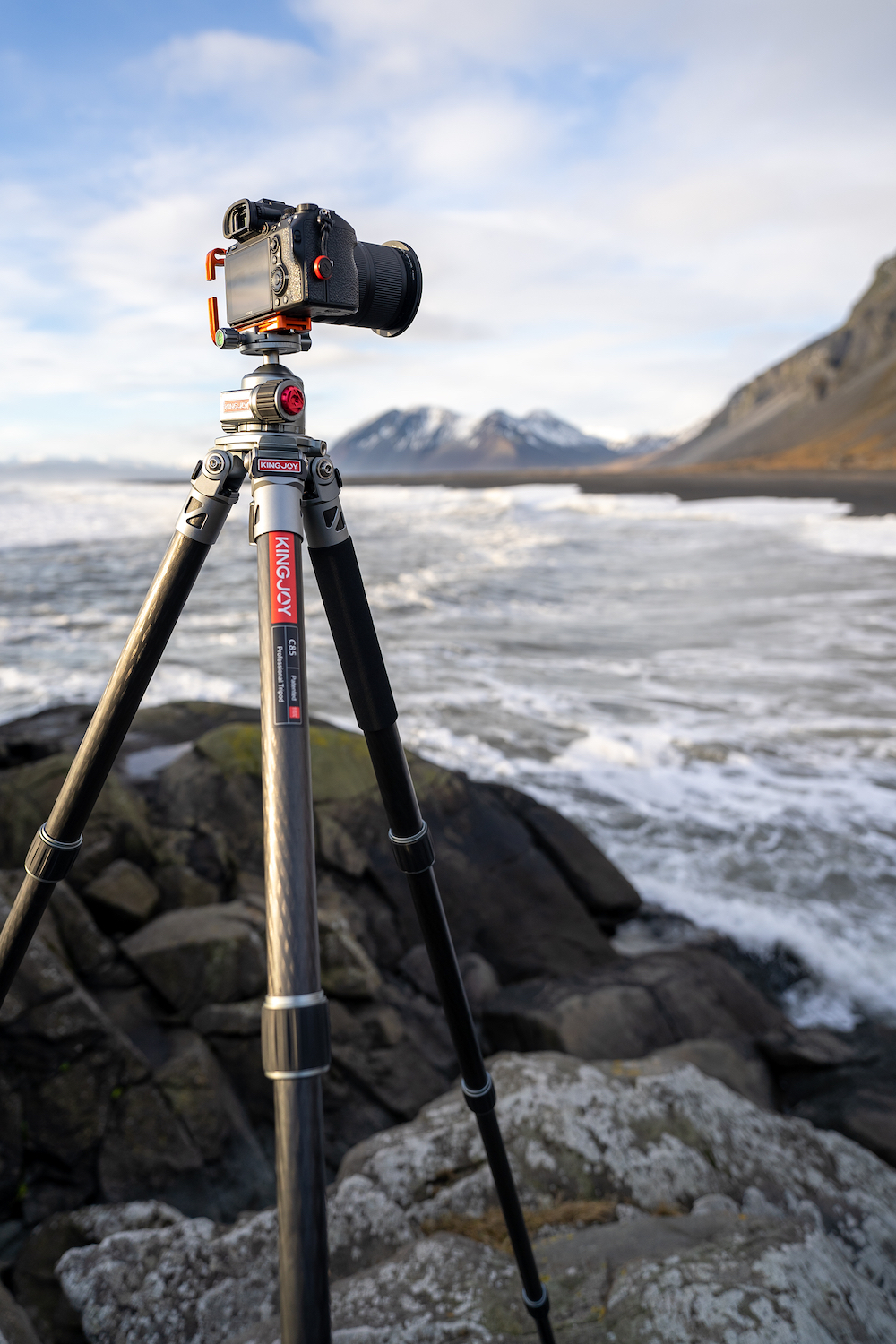 The Kingjoy SolidRock C85 tripod being used in Iceland