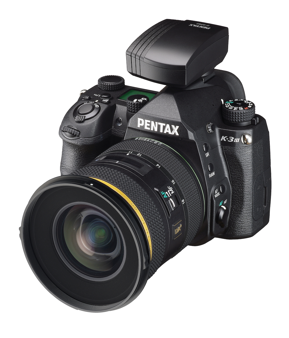 The O-GPS2 unit fitted into a Pentax K3 Mark III DSLR