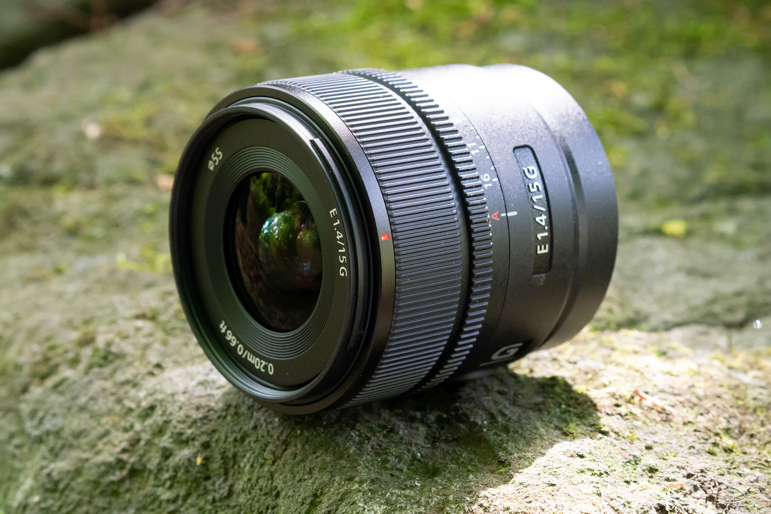 Sony E 15mm F1.4 G lens, angled view