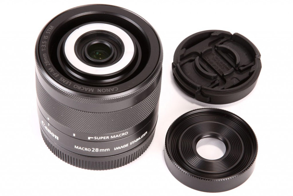 Canon EF-M 28mm f/3.5 Macro IS STM Lens review image with lens caps