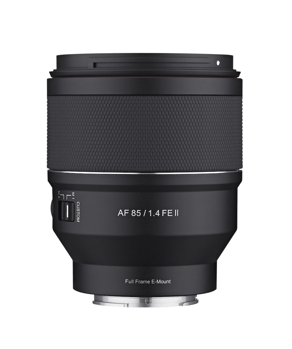 Side view of the Samyang AF 85mm F1.4 FE II showing the Custom Switch