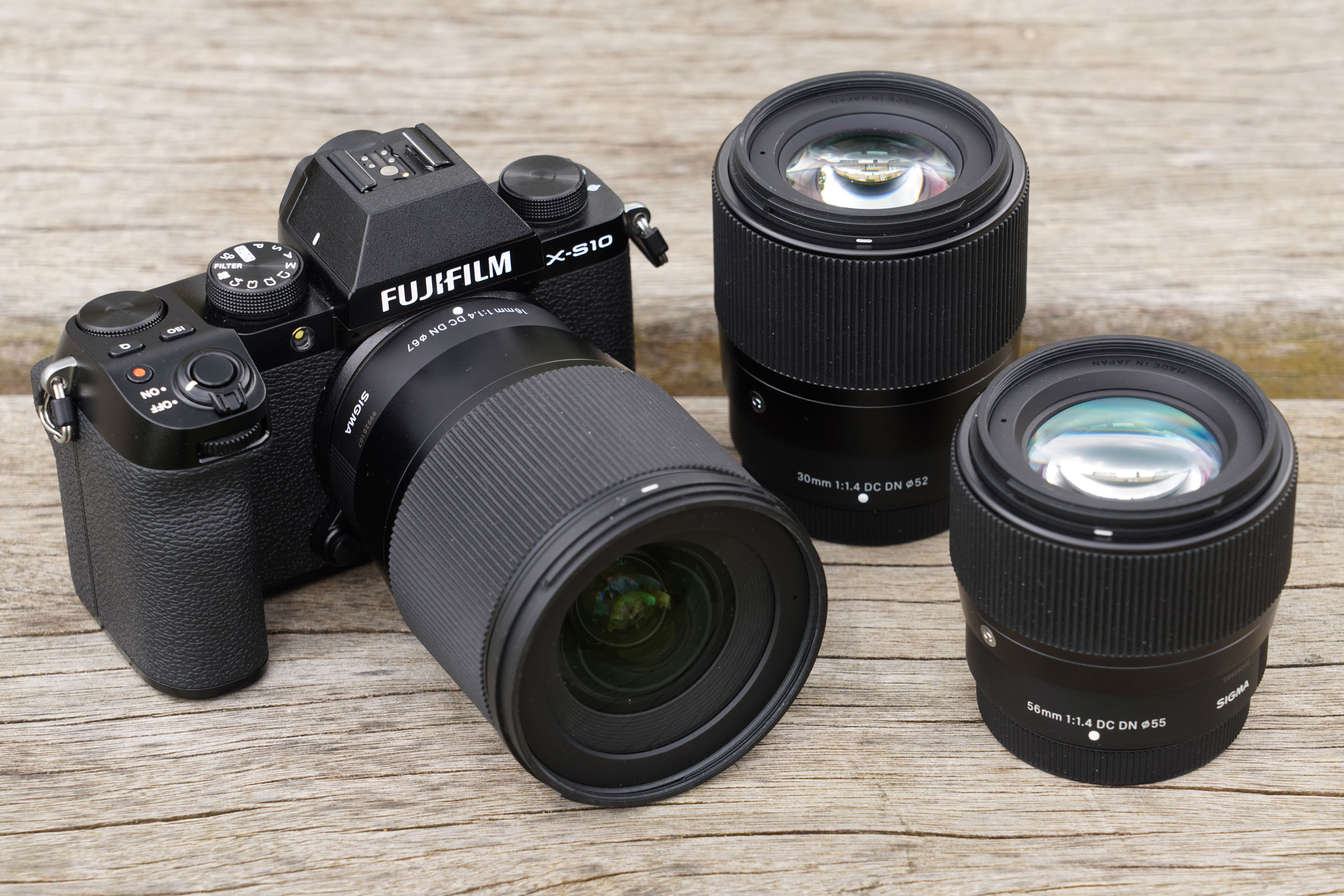 Fujifilm X-S10 with Sigma 16mm, 30mm, and 56mm lenses
