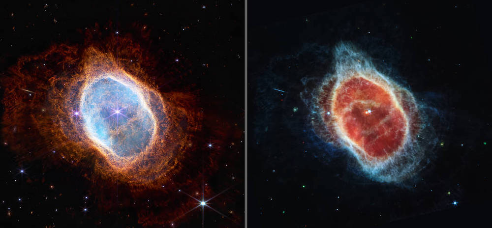 This side-by-side comparison shows observations of the Southern Ring Nebula in near-infrared light (left) and mid-infrared light (right) from NASA’s Webb Telescope