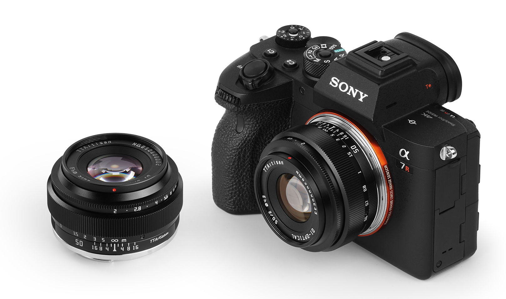 The E-mount TTArtisan 50mm F2 lens shown on a Sony a7R camera body