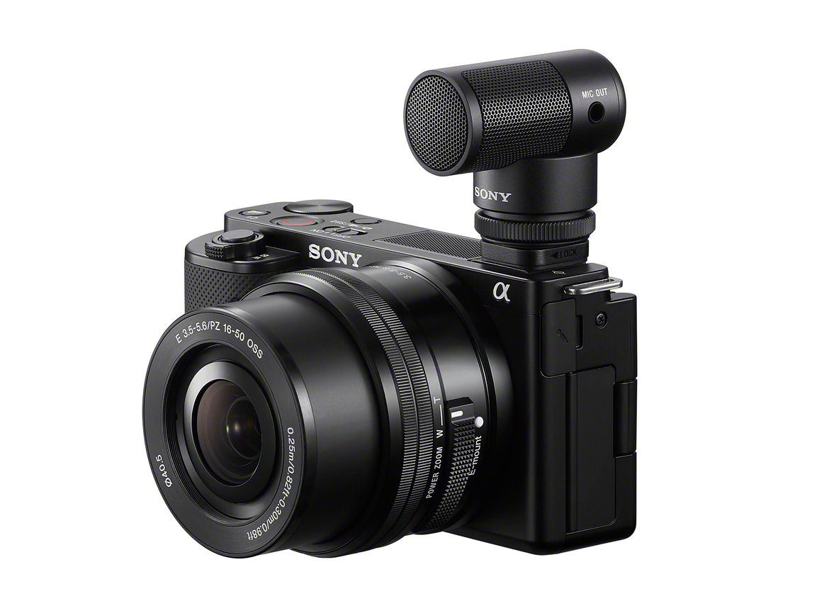 The ECM-G1 mic mounted onto a Sony ZV-E10 interchangeable lens vlogging camera