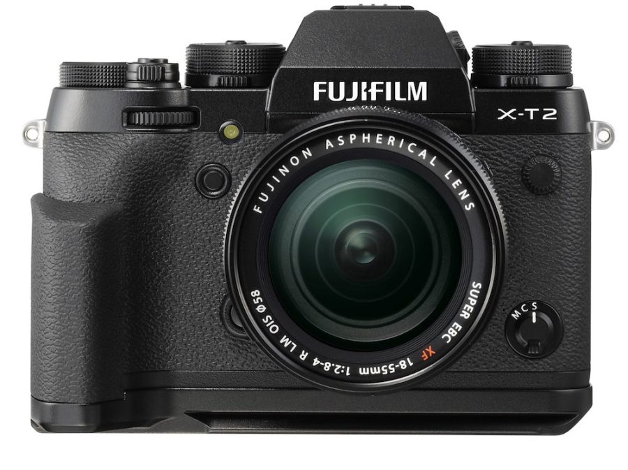 Front view of a black Fujifilm X T2 camera